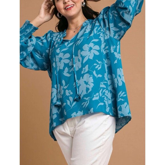 Umgee Tops - Umgee Blue Teal Floral Notch Neck Balloon Sleeve Tassel Blouse Top New Size S